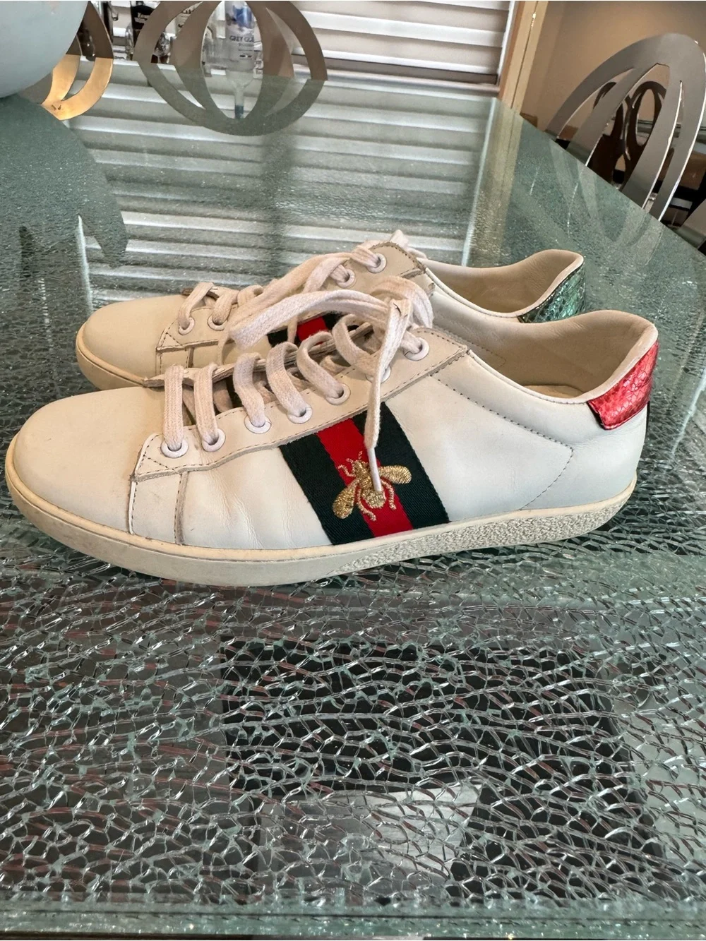 Gucci White Leather Women's Sneakers with Green & Red Stripe and Gold Bee 37
